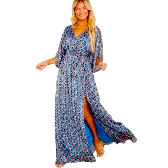Aakaa Dresses | Nwt Aakaa Multicolor Blue Peacock Maxi Dress | Color: Blue/Green | Size: L | Blparish85's Closet